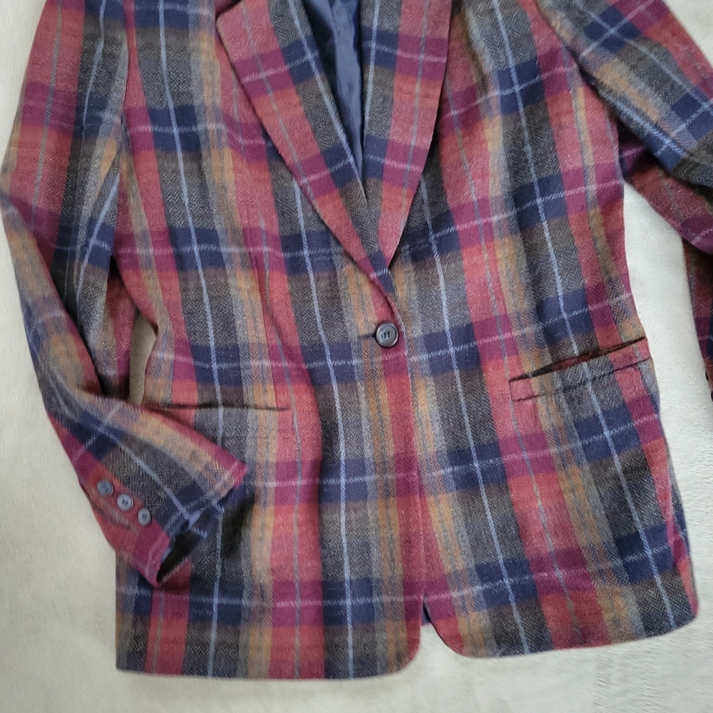 Plaid Wool Blazer Burgundy Navy Vintage Tartan Jacket 12 - Picture 3 of 6
